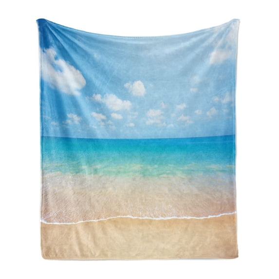 Ocean Soft Flannel Fleece Throw Blanket, Dreamy Hot Tropical Sea Coast with Soft Waves and Sunny Sky Landscape Nature Life, Cozy Plush for Indoor and Outdoor Use, 50" x 60", Cream Blue, by Ambesonne