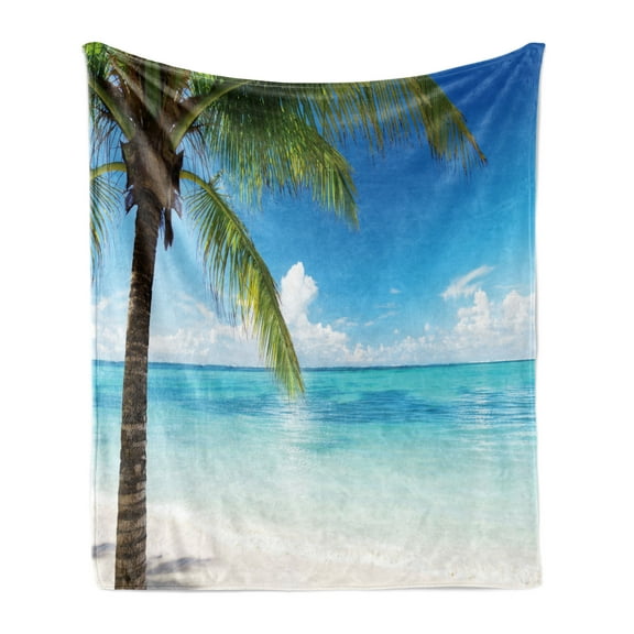 Ocean Soft Flannel Fleece Throw Blanket, Exotic Beach Water and Palm Tree by the Shore Clear Sky Landscape Image, Cozy Plush for Indoor and Outdoor Use, 50" x 70", Green Blue White, by Ambesonne