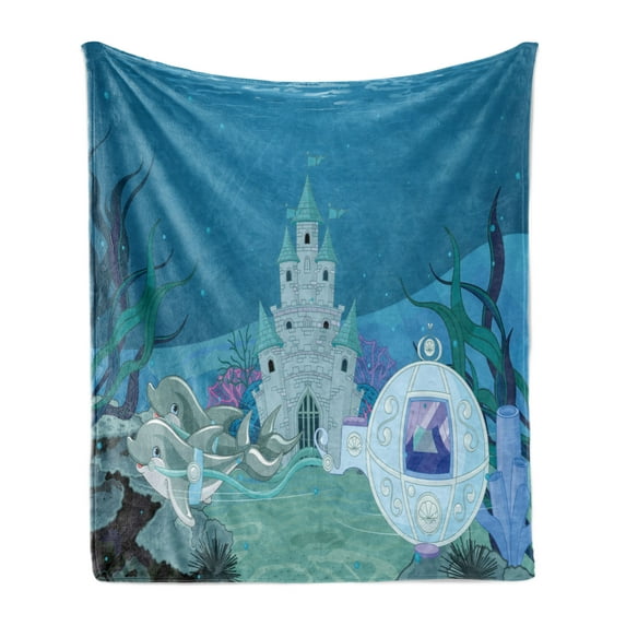 Ocean Soft Flannel Fleece Throw Blanket, Fairytale Mermaid Castle with Dolphins Moss Fish Sun Beams Art Print, Cozy Plush for Indoor and Outdoor Use, 50" x 60", Turquoise Pale Blue Teal, by Ambesonne