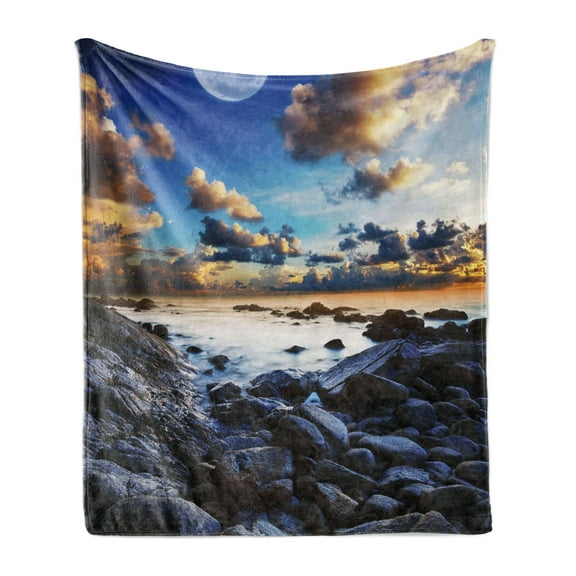 Ocean Soft Flannel Fleece Throw Blanket, Full Moon Dark Clouds Rocky Coastline Scenic Seascape Morning View Picture, Cozy Plush for Indoor and Outdoor Use, 70" x 90", Blue Orange Black, by Ambesonne