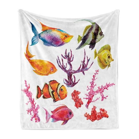 Ocean Soft Flannel Fleece Throw Blanket, Illustration of Exotic Fish Seaweed Coral Algae and Jellyfish Oceanic Wild Life, Cozy Plush for Indoor and Outdoor Use, 50" x 60", Orange Purple, by Ambesonne