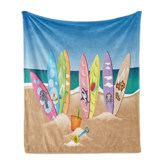 Ocean Soft Flannel Fleece Throw Blanket, Illustration of Surfboards on the Sandy Beach the Skyd the Sea Theme Print, Cozy Plush for Indoor and Outdoor Use, 50" x 60", Multicolor, by Ambesonne
