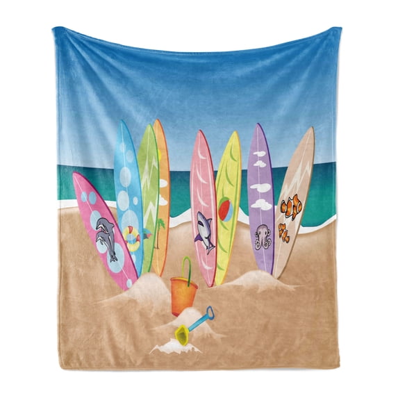 Ocean Soft Flannel Fleece Throw Blanket, Illustration of Surfboards on the Sandy Beach the Skyd the Sea Theme Print, Cozy Plush for Indoor and Outdoor Use, 60" x 80", Multicolor, by Ambesonne