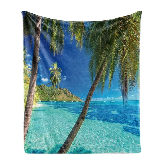 Ocean Soft Flannel Fleece Throw Blanket, Image of a Tropical Island Beach Theme the Palm Trees and Clear Sea Print, Cozy Plush for Indoor and Outdoor Use, 70" x 90", Turquoise Blue, by Ambesonne
