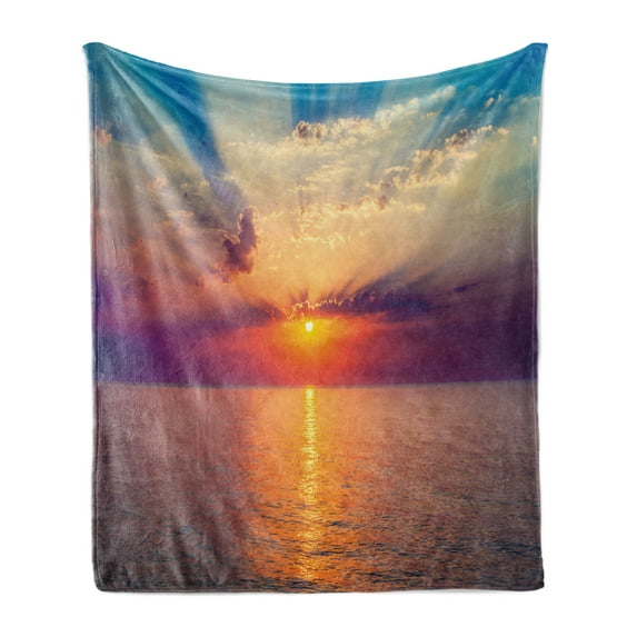 Ocean Soft Flannel Fleece Throw Blanket, Majestic Sunrise in Tranquil Sea Horizon Dawn Rays Clouds Water Reflection, Cozy Plush for Indoor and Outdoor Use, 50" x 60", Orange Purple Blue, by Ambesonne
