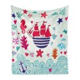 thumbnail image 1 of Ocean Soft Flannel Fleece Throw Blanket, Maritime Theme a Sailing Ship Anchor Seahorse and Sea Star Illustration Art, Cozy Plush for Indoor and Outdoor Use, 50" x 70", Red and Turquoise, by Ambesonne, 1 of 6