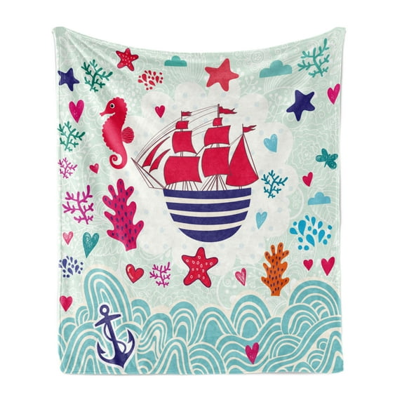 Ocean Soft Flannel Fleece Throw Blanket, Maritime Theme a Sailing Ship Anchor Seahorse and Sea Star Illustration Art, Cozy Plush for Indoor and Outdoor Use, 50" x 70", Red and Turquoise, by Ambesonne