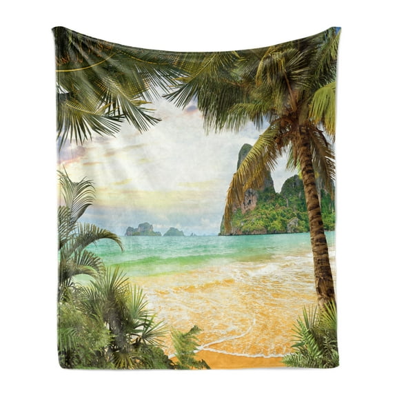 Ocean Soft Flannel Fleece Throw Blanket, Palm Coconut Trees and Ocean Waves Mountains on Paradise Island Beach Image, Cozy Plush for Indoor and Outdoor Use, 50" x 70", Green Brown Cream, by Ambesonne