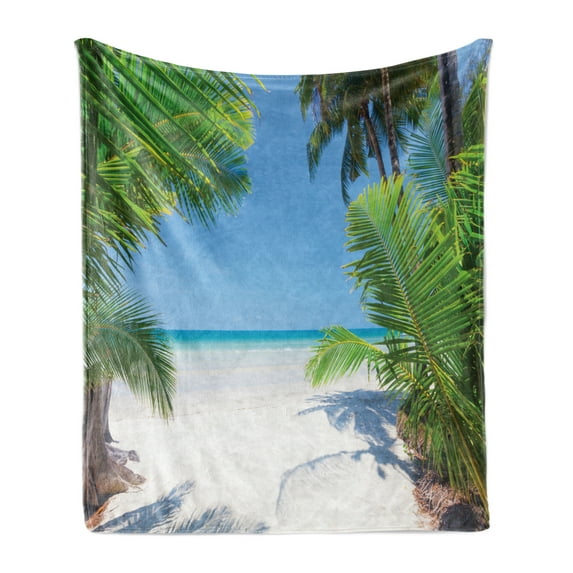 Ocean Soft Flannel Fleece Throw Blanket, Palm Leaves and Tropical Beach Coastline Seashore Vacation Theme Photo, Cozy Plush for Indoor and Outdoor Use, 50" x 70", Green Sky Blue White, by Ambesonne