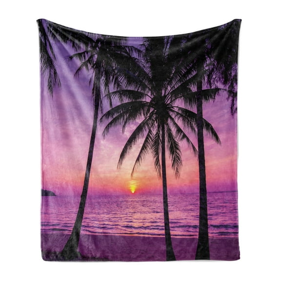 Ocean Soft Flannel Fleece Throw Blanket, Palm Trees Silhouette at Sunset Dreamy Dusk Warm Exotic Twilight Scenery Image, Cozy Plush for Indoor and Outdoor Use, 50" x 60", Purple Black, by Ambesonne