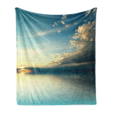 Ocean Soft Flannel Fleece Throw Blanket, Panorama of Sea Sunset Sundown Reflection Horizon Dark Clouds Nature Picture, Cozy Plush for Indoor and Outdoor Use, 60" x 80", Teal Aqua Blue, by Ambesonne