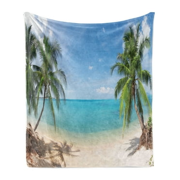 Ocean Soft Flannel Fleece Throw Blanket, Panoramic View of Tropical Sandy Beach Exotic Vacation Theme Print, Cozy Plush for Indoor and Outdoor Use, 50" x 70", Pale Brown Turquoise, by Ambesonne