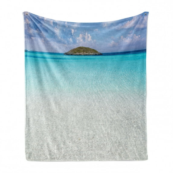 Ocean Soft Flannel Fleece Throw Blanket, Paradise Beach in Caribbean Water a Small Island Scene Dream Away Art Print, Cozy Plush for Indoor and Outdoor Use, 70" x 90", Cream Turquoise, by Ambesonne