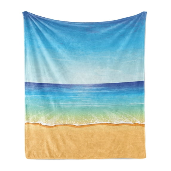 Ocean Soft Flannel Fleece Throw Blanket, Paradise Beach with Sand and Sea Water Summer Exotic Nature Sunny Hot Print, Cozy Plush for Indoor and Outdoor Use, 70" x 90", Cream Turquoise, by Ambesonne