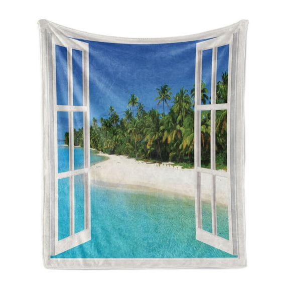 Ocean Soft Flannel Fleece Throw Blanket, Paradise Island View from Wooden Gazebo Window Palm Tree Sandy Beach Picture, Cozy Plush for Indoor and Outdoor Use, 70" x 90", White Green Blue, by Ambesonne