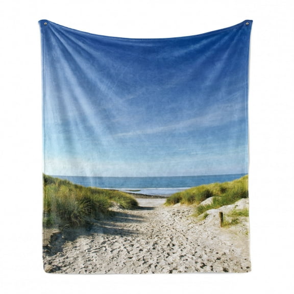 Ocean Soft Flannel Fleece Throw Blanket, Path to the Ocean Sky Sandy Seaside Shore Getaway Relaxing Summertime, Cozy Plush for Indoor and Outdoor Use, 70" x 90", Sand Brown Sky Blue, by Ambesonne