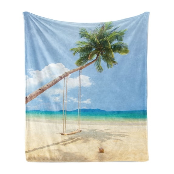 Ocean Soft Flannel Fleece Throw Blanket, Photo of a Tropical Island with Coconuts Palm Trees and Swing Beach Exotic, Cozy Plush for Indoor and Outdoor Use, 50" x 70", Cream Blue Green, by Ambesonne
