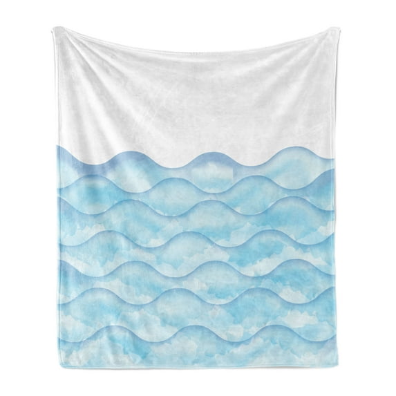 Ocean Soft Flannel Fleece Throw Blanket, Sea Waves Illustration Features Liquid Ocean Motion Water Image, Cozy Plush for Indoor and Outdoor Use, 70" x 90", Pale Blue White, by Ambesonne