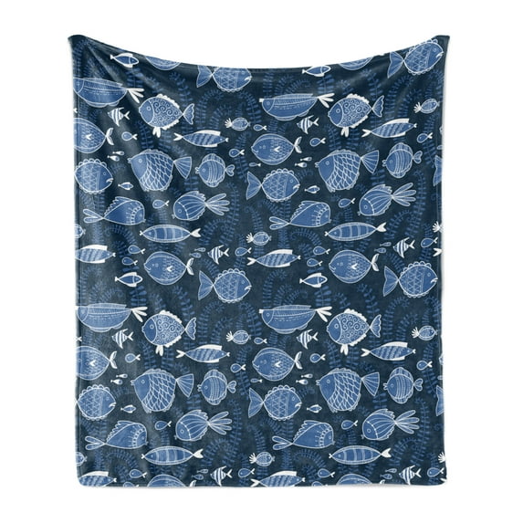 Ocean Soft Flannel Fleece Throw Blanket, Sealife Marine Navy Image Tropic Fish Moss Leaves Artwork Print, Cozy Plush for Indoor and Outdoor Use, 50" x 70", Blue Indigo Royal Blue, by Ambesonne
