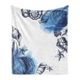 thumbnail image 1 of Ocean Soft Flannel Fleece Throw Blanket, Sealife Sea Shells and Sand Stones Deep Water Star Fish Blue Toned Design, Cozy Plush for Indoor and Outdoor Use, 60" x 80", Navy Blue and White, by Ambesonne, 1 of 5
