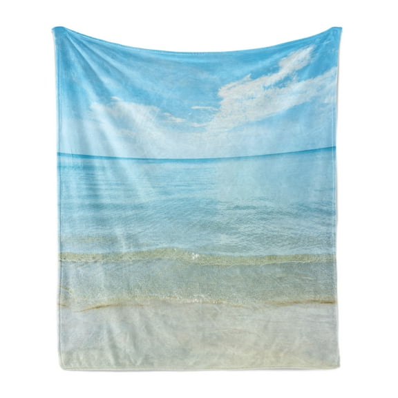 Ocean Soft Flannel Fleece Throw Blanket, Sunny Summer Day at the Sandy Beach Tranquil Calm Shore Sea Horizon Image Artprint, Cozy Plush for Indoor and Outdoor Use, 60" x 80", Blue Cream, by Ambesonne