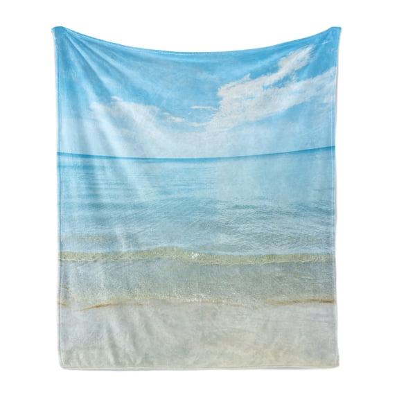 Ocean Soft Flannel Fleece Throw Blanket, Sunny Summer Day at the Sandy Beach Tranquil Calm Shore Sea Horizon Image Artprint, Cozy Plush for Indoor and Outdoor Use, 70" x 90", Blue Cream, by Ambesonne