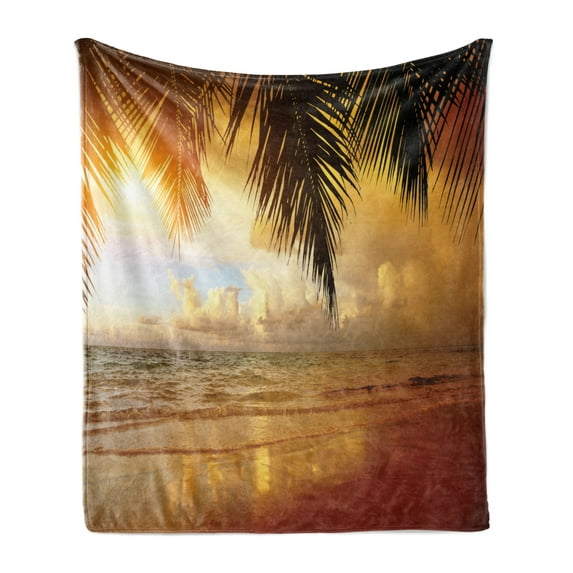 Ocean Soft Flannel Fleece Throw Blanket, Sunset on the Beach of Caribbean Sea Waves Coast with Palm Tree, Cozy Plush for Indoor and Outdoor Use, 70" x 90", Dark Orange Baby Blue, by Ambesonne