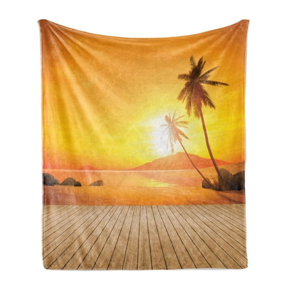 Ocean Soft Flannel Fleece Throw Blanket, Sunset over the Ocean with Palm Tree and Wooden Deck Horizon View Image Tropical, Cozy Plush for Indoor and Outdoor Use, 70" x 90", Orange Brown, by Ambesonne