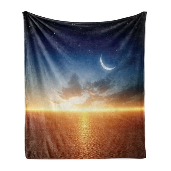 Ocean Soft Flannel Fleece Throw Blanket, Sunset Sky with Moon and Stars Horizon Scenery Fantasy View Artwork Print, Cozy Plush for Indoor and Outdoor Use, 60" x 80", Navy Yellow Orange, by Ambesonne