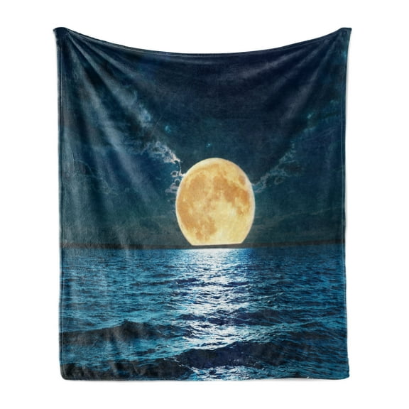Ocean Soft Flannel Fleece Throw Blanket, Super Moon over Ocean Surface Midnight View Dreamy Mystic Picture Print, Cozy Plush for Indoor and Outdoor Use, 50" x 60", Yellow Navy, by Ambesonne