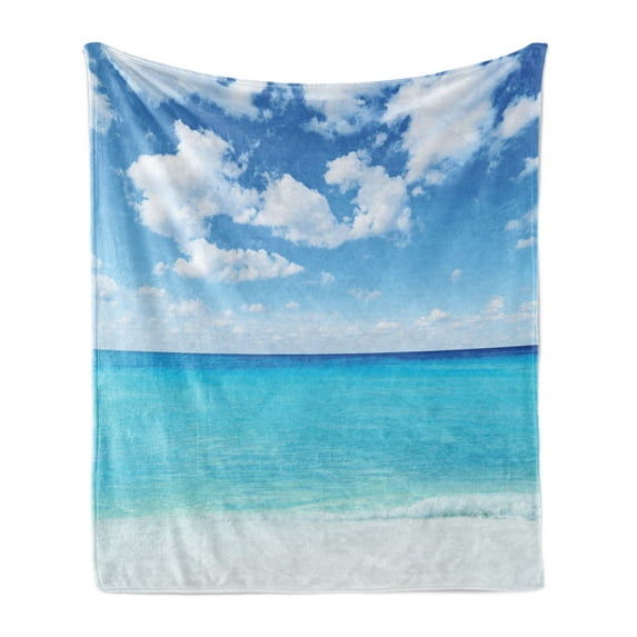 Ocean Soft Flannel Fleece Throw Blanket, Surreal Tropical Seascape with Dreamy Sea and Sky Paradise Coast Hawaiian Art, Cozy Plush for Indoor and Outdoor Use, 60" x 80", Turquoise White, by Ambesonne