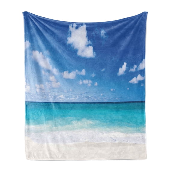 Ocean Soft Flannel Fleece Throw Blanket, Tropical Exotic Sandy Beach Caribbean Sea Bay Barbados Coastline Summertime, Cozy Plush for Indoor and Outdoor Use, 60" x 80", Blue Aqua Coconut, by Ambesonne