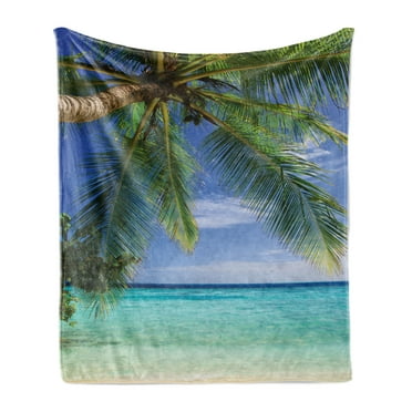Ocean Soft Flannel Fleece Throw Blanket, Tropical Paradise View at Maldives Palms Clear Sky Seashore Picture Print, Cozy Plush for Indoor and Outdoor Use, 50" x 70", Green Aqua Blue, by Ambesonne