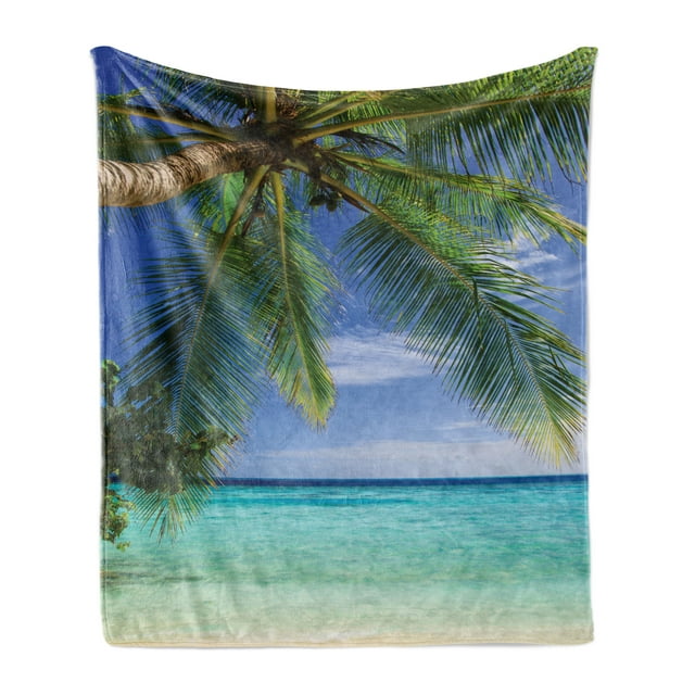Ocean Soft Flannel Fleece Throw Blanket, Tropical Paradise View at Maldives Palms Clear Sky Seashore Picture Print, Cozy Plush for Indoor and Outdoor Use, 60" x 80", Green Aqua Blue, by Ambesonne