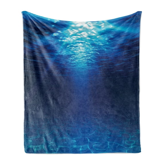 Ocean Soft Flannel Fleece Throw Blanket, Underwater View Sandy Seabed Aquatic Scenes Sunbeams Nature Picture Print, Cozy Plush for Indoor and Outdoor Use, 60" x 80", Navy Blue Aqua, by Ambesonne
