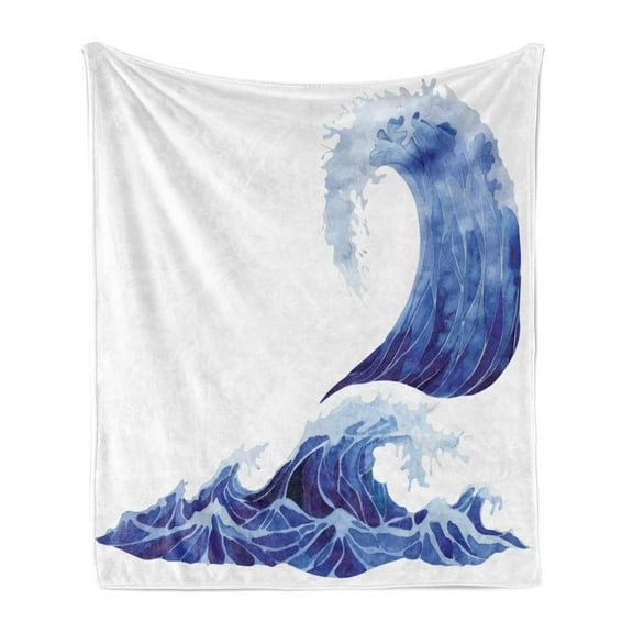 Ocean Soft Flannel Fleece Throw Blanket, Watercolor Style Illustration of Storm Waves on White Background Aquatic Print, Cozy Plush for Indoor and Outdoor Use, 70" x 90", Blue and White, by Ambesonne