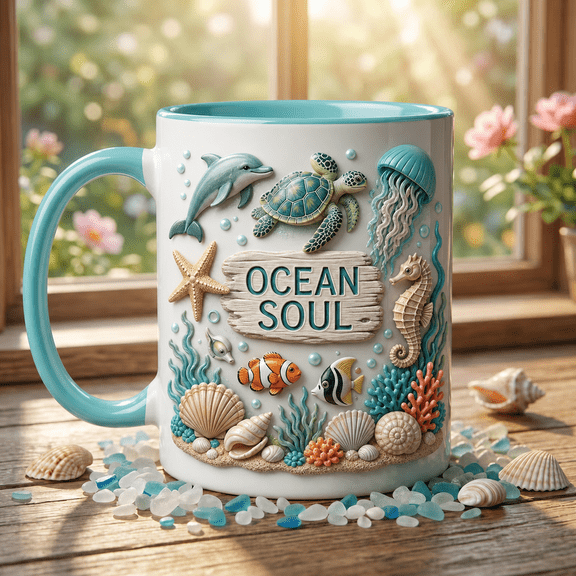 Ocean Soul Marine Life Aqua Rim Handle Coffee Mug Beach Lover Gift