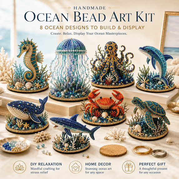 Ocean Sparkle Animal Craft Kit, 1-Piece Sea Turtle Beginner Bead and Wire Craft Set for Adults, Create a Sparkling 3D Marine Animal Display
