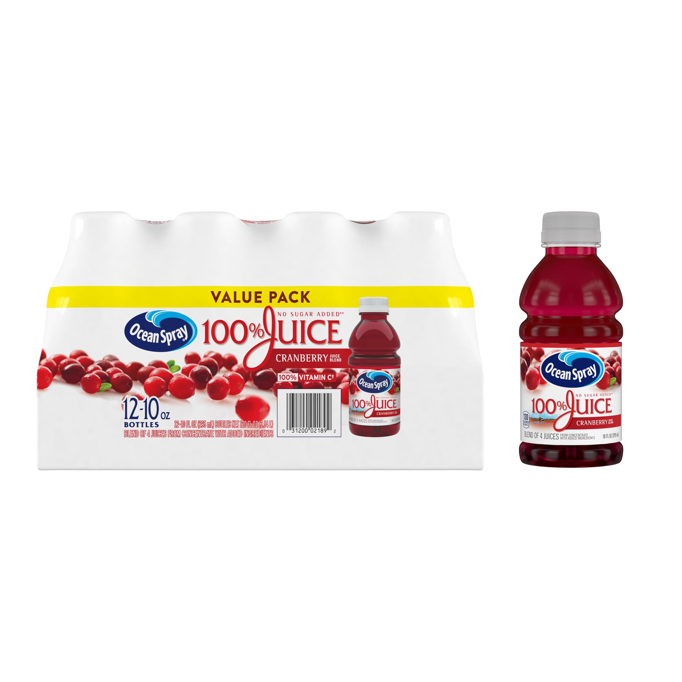 Ocean Spray 100% Juice Cranberry Juice Blend, 10 fl oz Bottles, 12 Count