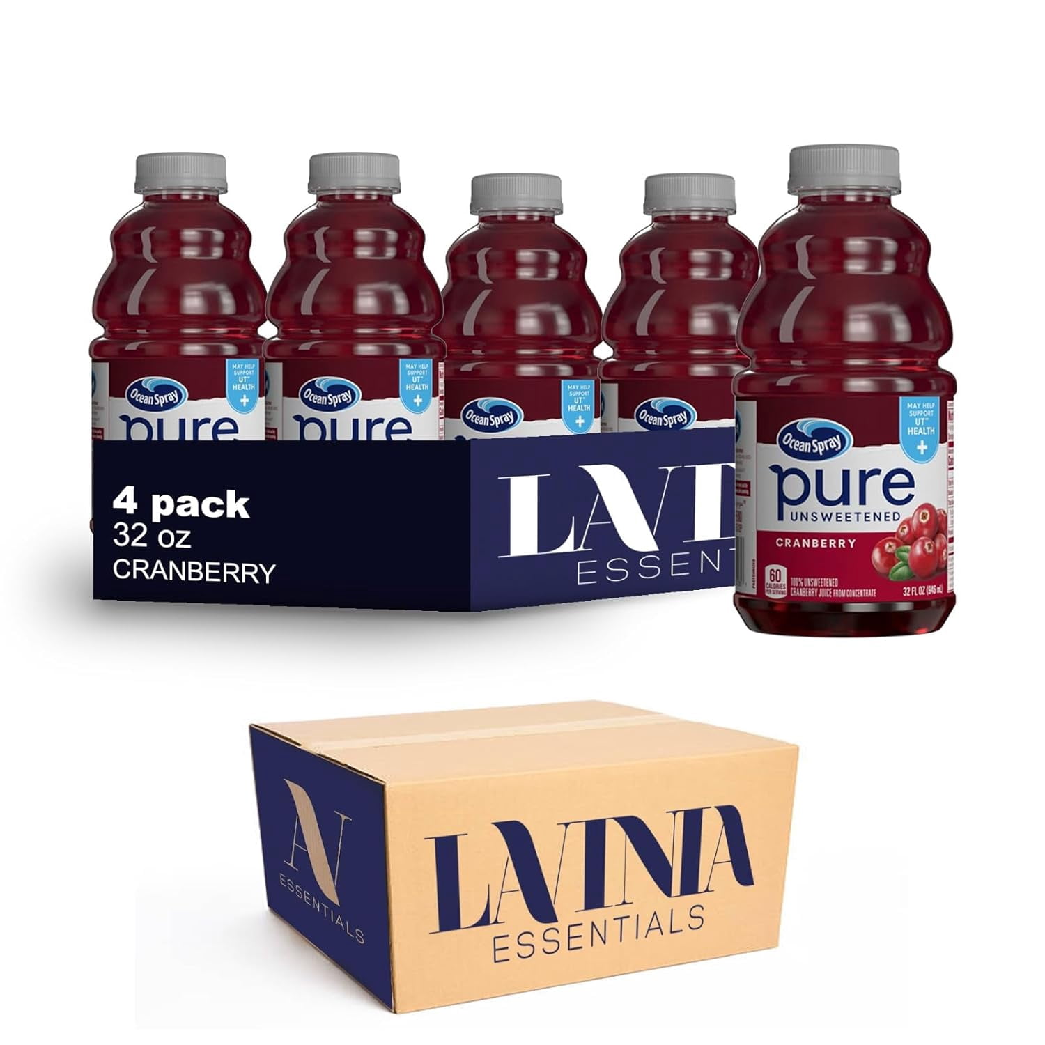 Ocean Spray 4 Pack of Cranberry Unsweetened 100 Pure Juice 32 Fl oz Plastic Bottles by