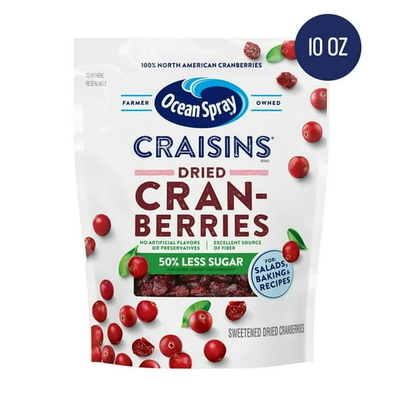 Ocean Spray Craisins, 50% Less Sugar Dried Cranberries, Dried Fruit, 10 oz Pouch