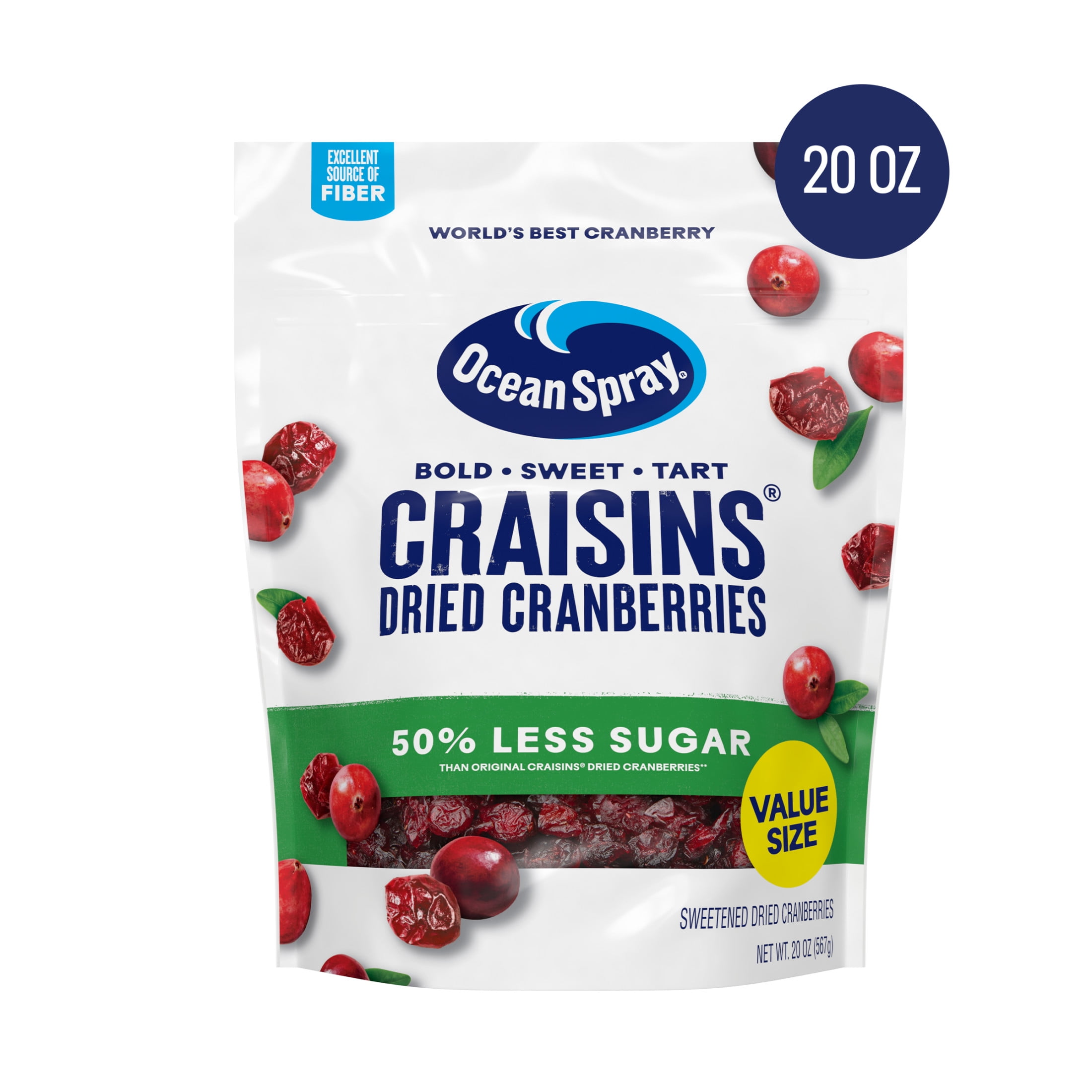 Ocean Spray Craisins, 50% Less Sugar Dried Cranberries, Dried Fruit, 20 oz Pouch