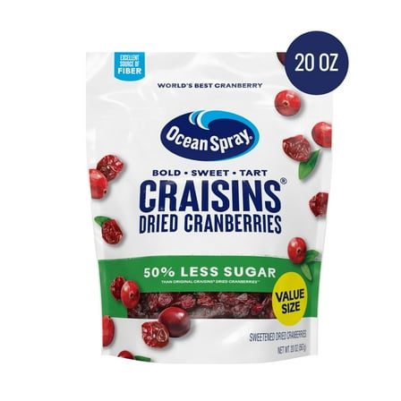 Ocean Spray® Craisins®, 50% Less Sugar Dried Cranberries, Dried Fruit, 20 oz Pouch