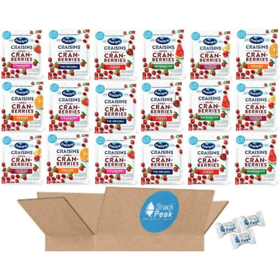 Ocean Spray Craisins Individual Packs Snack Peak Variety Gift Box (18 packages) Original, Cherry, Orange, Strawberry, Raspberry Lemonade, Watermelon