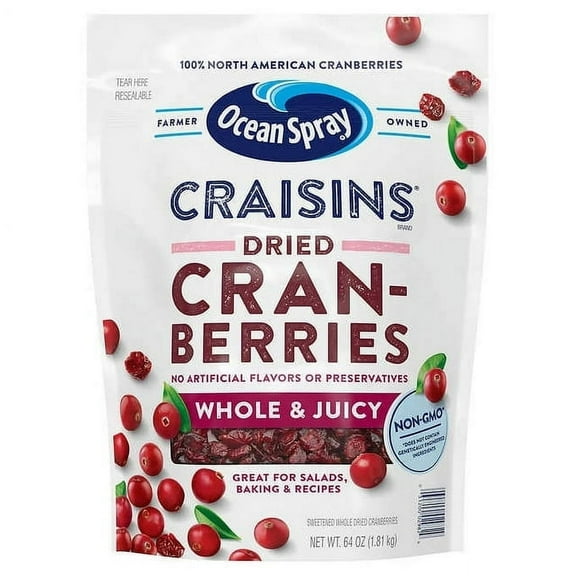 Ocean Spray Craisins Whole Dried Cranberries, 64 oz bag.