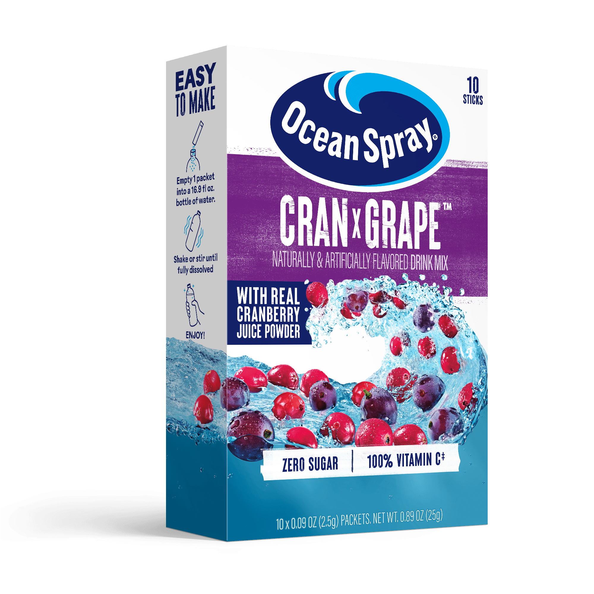 Ocean Spray On-The-Go Powdered Drink Mix, Cranberry Grape, Zero Sugar, 10 Count