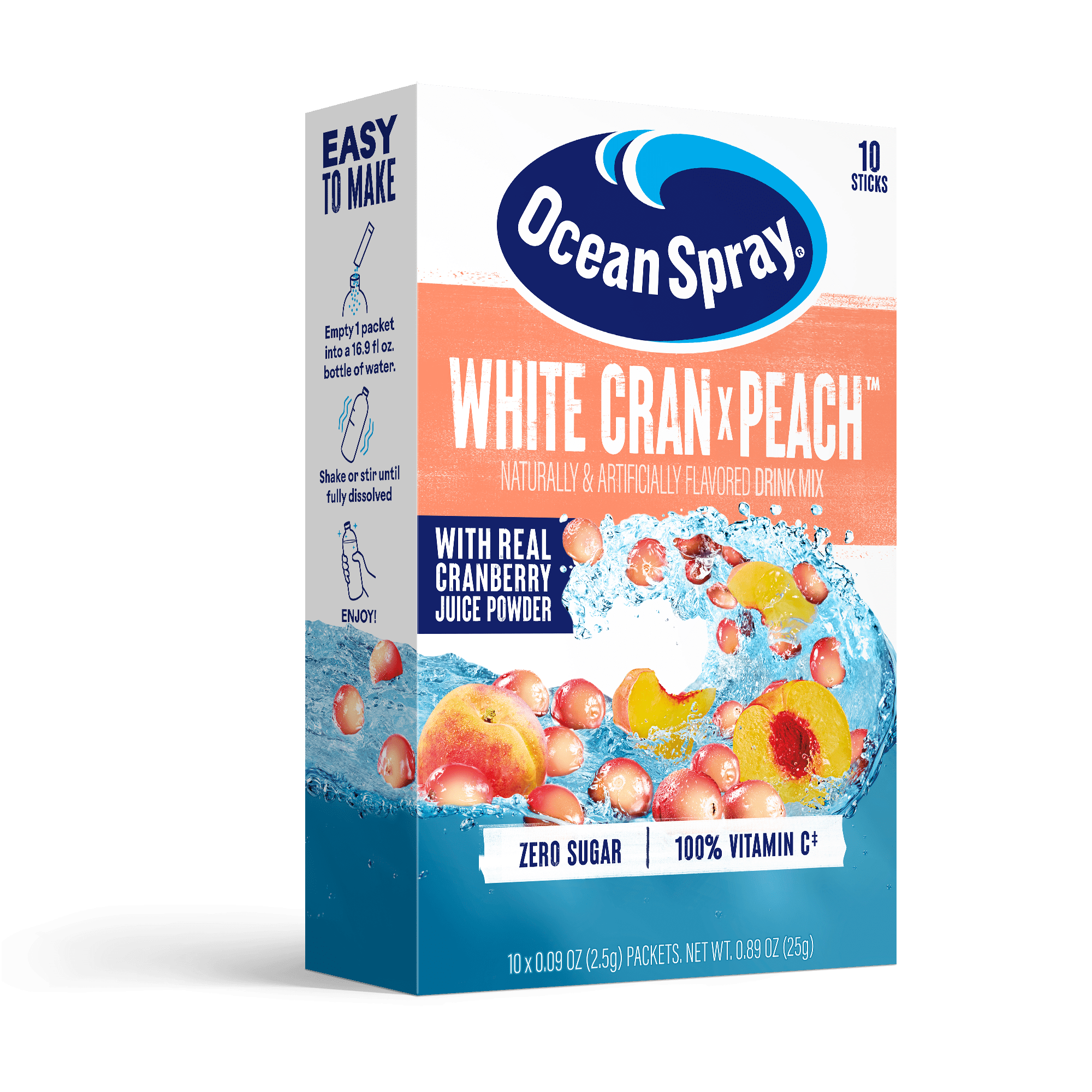 Ocean Spray On-The-Go Powdered Drink Mix, White Cran Peach, Zero Sugar, 10 Count