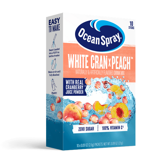 Ocean Spray On-The-Go Powdered Drink Mix, White Cran Peach, Zero Sugar, 10 Count