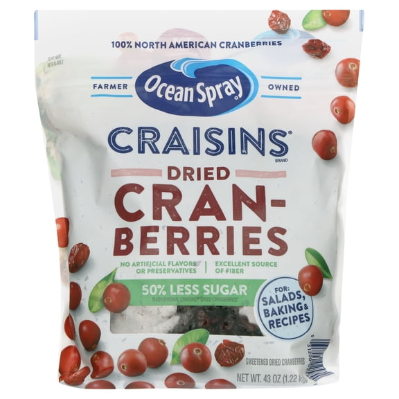 Ocean Spray Craisins, 50% Less Sugar Dried Cranberries, Dried Fruit, 43 oz.