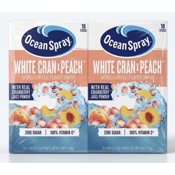 Ocean Spray Zero Sugar Powdered Drink Mix, White Cran Peach, 10 Count (Pack of 2)